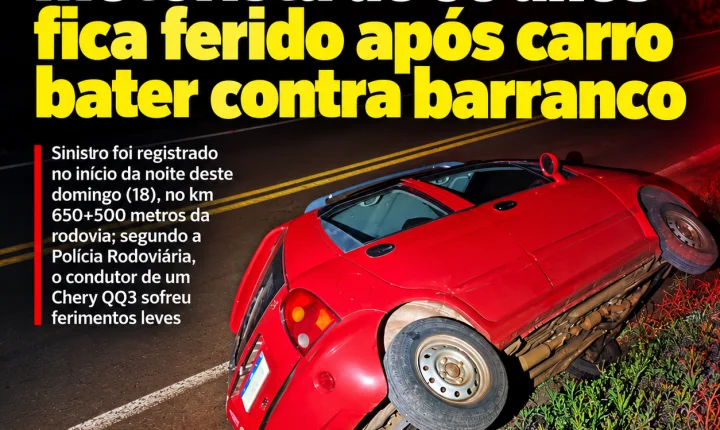 Motorista de 66 anos fica ferido após carro bater contra barranco
