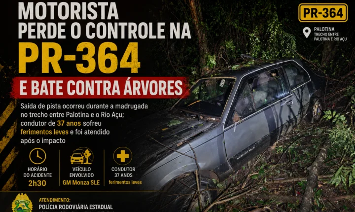 Motorista perde o controle na PR-364 e bate contra árvores