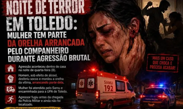 Noite de terror em Toledo: mulher tem parte da orelha arrancada pelo companheiro durante agressão brutal