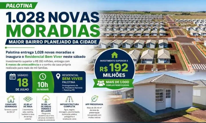 Palotina entrega 1.028 novas moradias e inaugura maior bairro planejado da cidade neste sábado