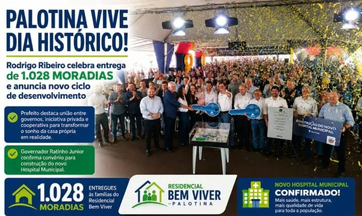Palotina vive dia histórico: Rodrigo Ribeiro celebra entrega De 1.028 moradias e anuncia novo ciclo de desenvolvimento