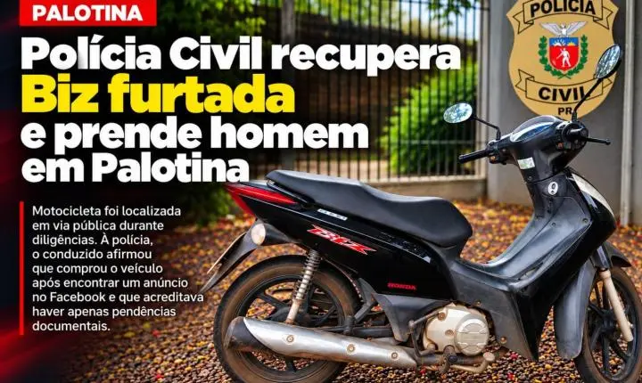 Polícia Civil recupera Biz furtada e prende homem em Palotina
