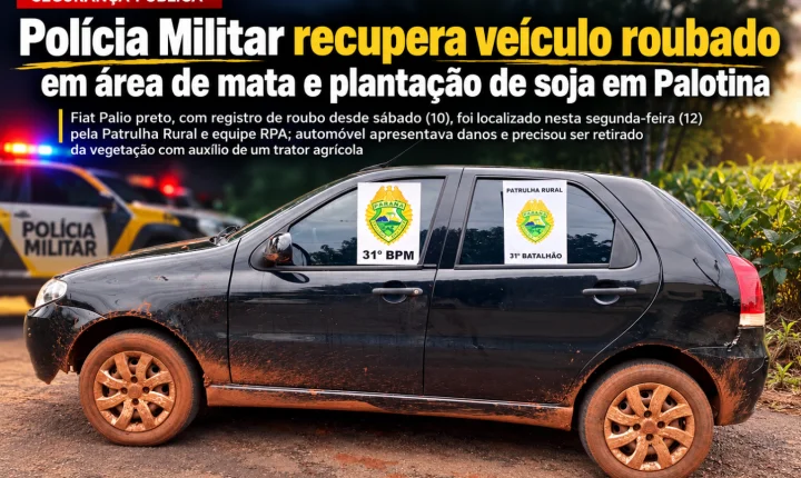 Polícia Militar recupera veículo roubado escondido em área de mata e plantação de soja em Palotina