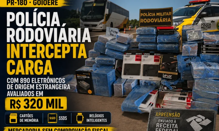 Polícia Rodoviária intercepta carga com 890 eletrônicos de origem estrangeira avaliados em R$ 320 mil na PR-180