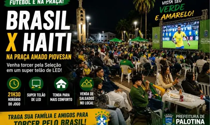 Praça Amado Piovesan vira arena da torcida para Brasil x Haiti em noite especial de futebol em Palotina