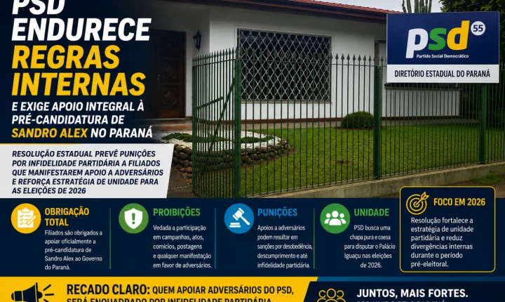 PSD endurece regras internas e exige apoio integral à pré-candidatura de Sandro Alex no Paraná