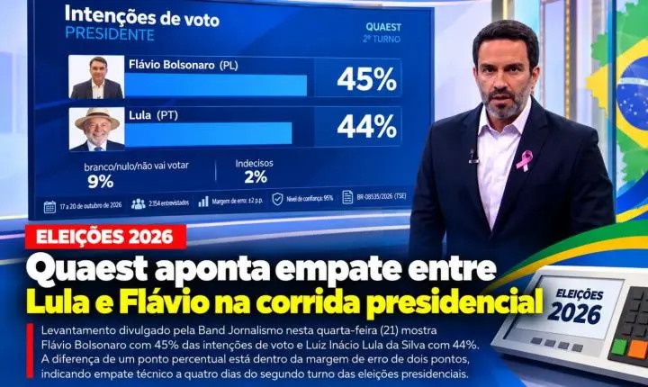 Quaest aponta empate entre Lula e Flávio na corrida presidencial