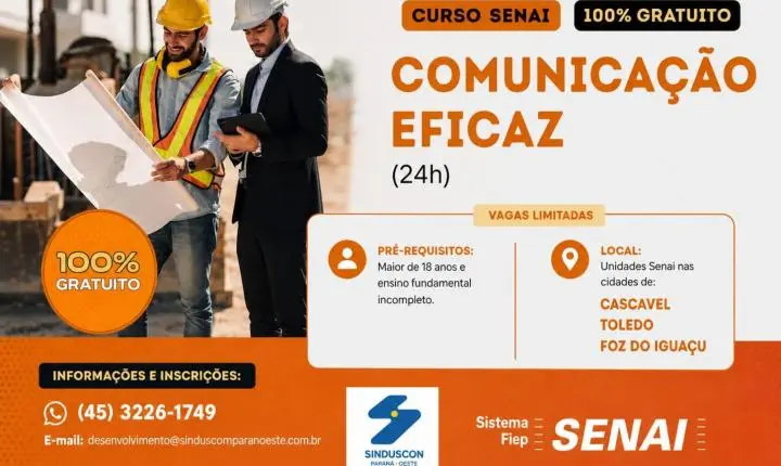 QUALIFICAÇÃO: Sinduscon abre curso gratuito de Comunicação Eficaz em Cascavel, Toledo e Foz