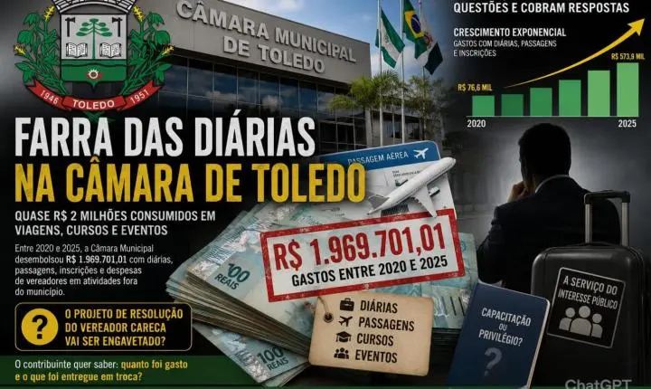 Quase R$ 2 milhões em diárias colocam Câmara de Toledo no centro de debate sobre gastos públicos