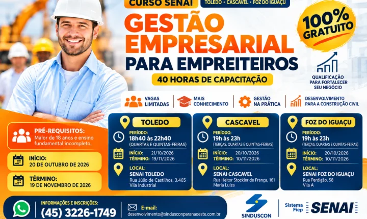 Sinduscon e Senai oferecem curso gratuito de Gestão Empresarial para empreiteiros no Oeste do Paraná
