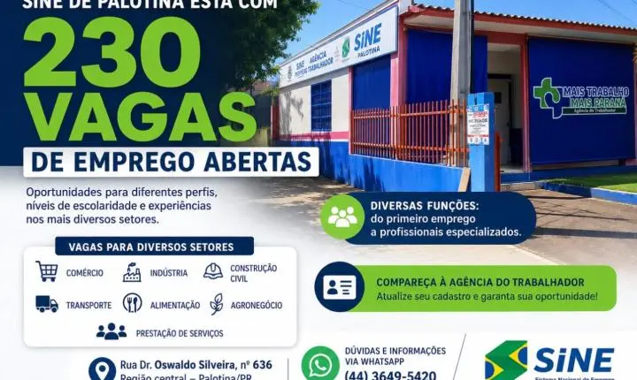 Sine de Palotina está com 230 vagas de emprego abertas
