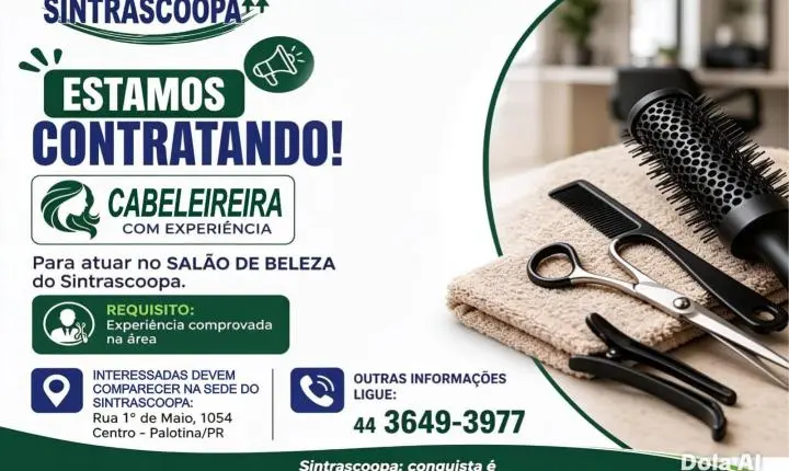 Sintrascoopa abre vaga para cabeleireira em Palotina