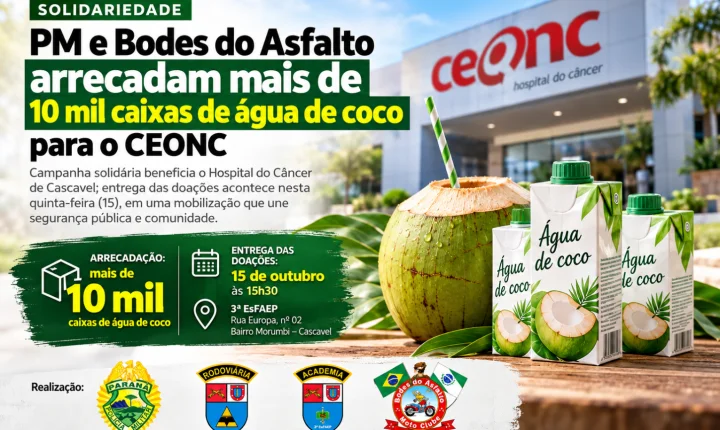 Solidariedade: PM e Bodes do Asfalto arrecadam mais de 10 mil caixas de água de coco para o CEONC