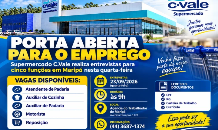 Supermercado C.Vale realiza entrevistas para cinco funções em Maripá nesta quarta-feira