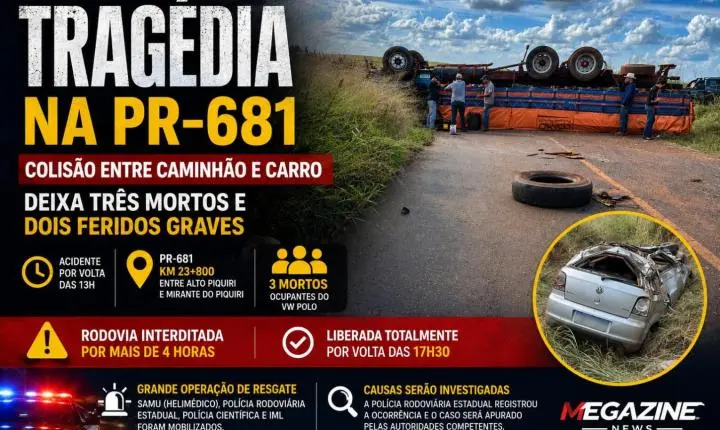 Tragédia na PR-681: colisão entre caminhão e carro deixa três mortos e mobiliza grande operação de resgate
