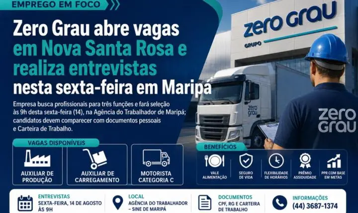 Zero Grau abre vagas em Nova Santa Rosa e realiza entrevistas nesta sexta-feira em Maripá